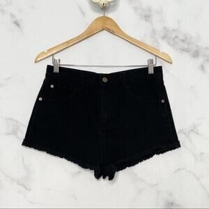 Forever 21 Eyelet Lace Cutoff Shorts Black Denim High Rise Boho Festival Size 28